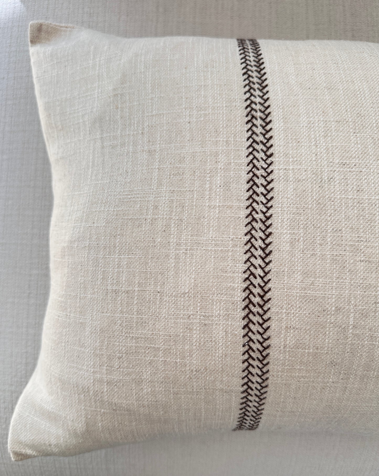 Delilah Herringbone Embroidery Linen Cotton Cushion Lumbar - Natural | Brown Embroidery