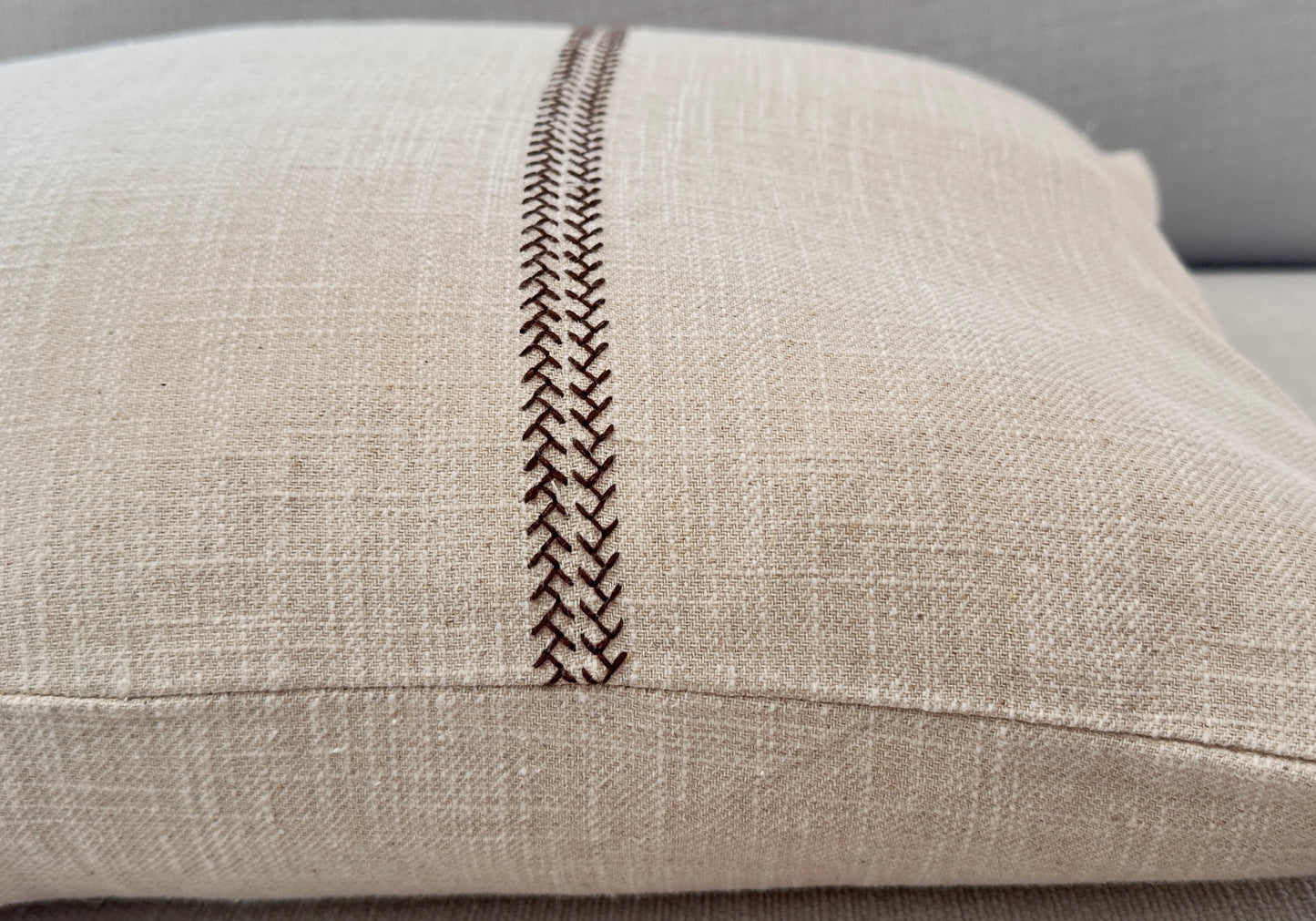 Delilah Herringbone Embroidery Linen Cotton Cushion Lumbar - Natural | Brown Embroidery