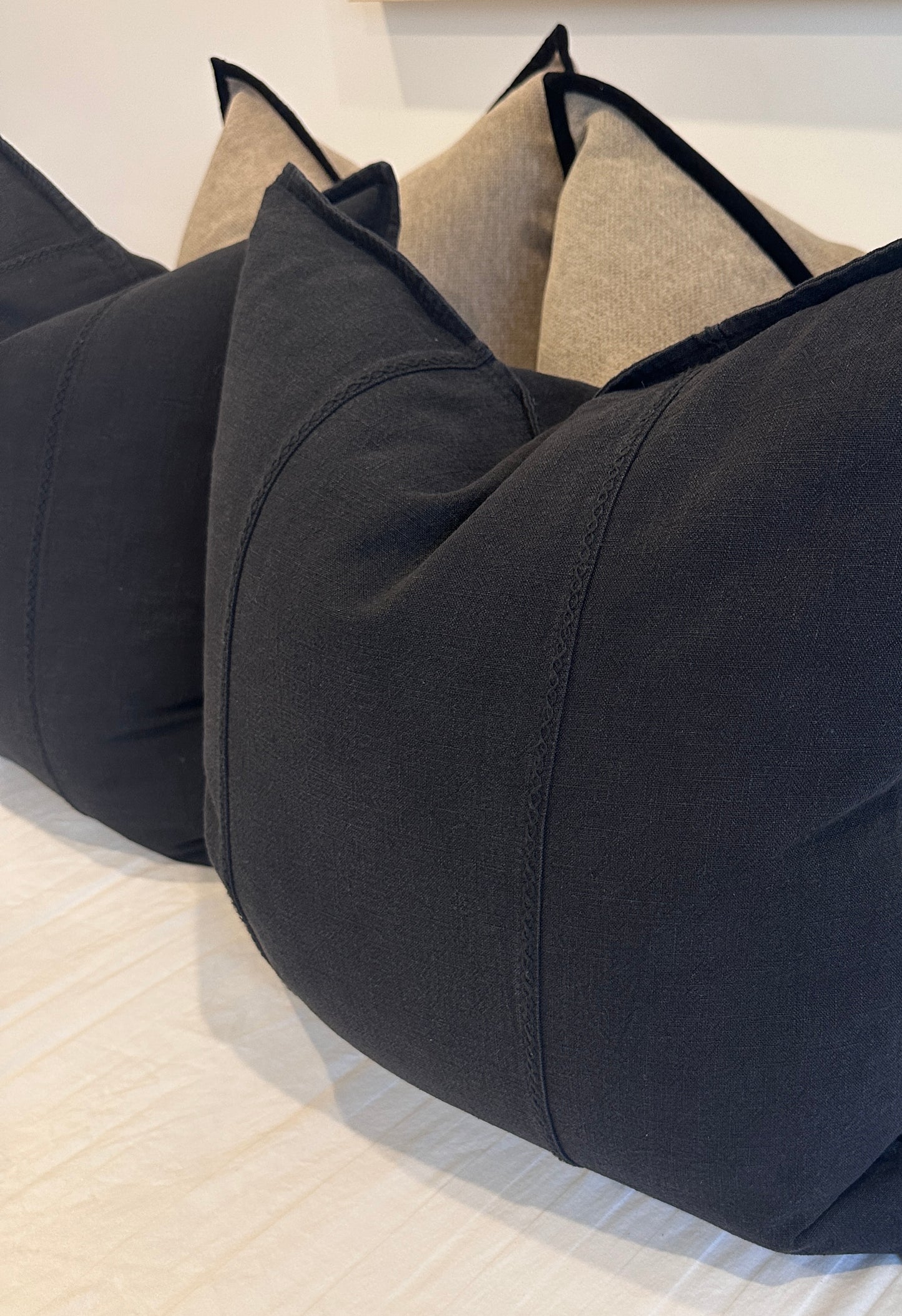 Eveleigh Stonewashed Linen Cotton Cushion 55cm Square - Black | Embroidery Double Striped