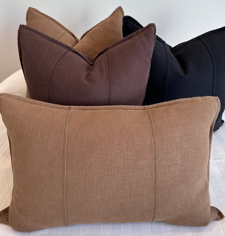 Eveleigh Stonewashed Linen Cotton Cushion 40x60cm Lumbar - Stone | Embroidery Double Striped