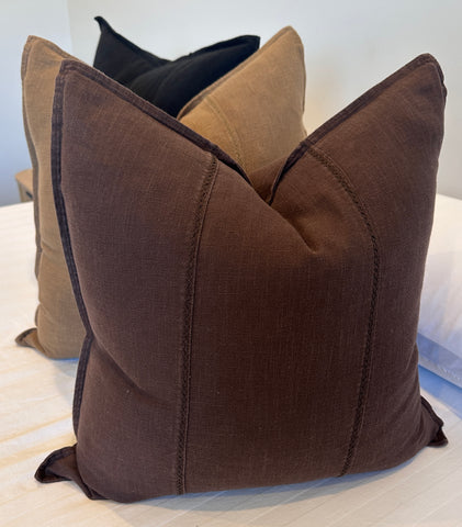 Eveleigh Stonewashed Linen Cotton Cushion 55cm Square - Chocolate Brown Embroidery Double Striped