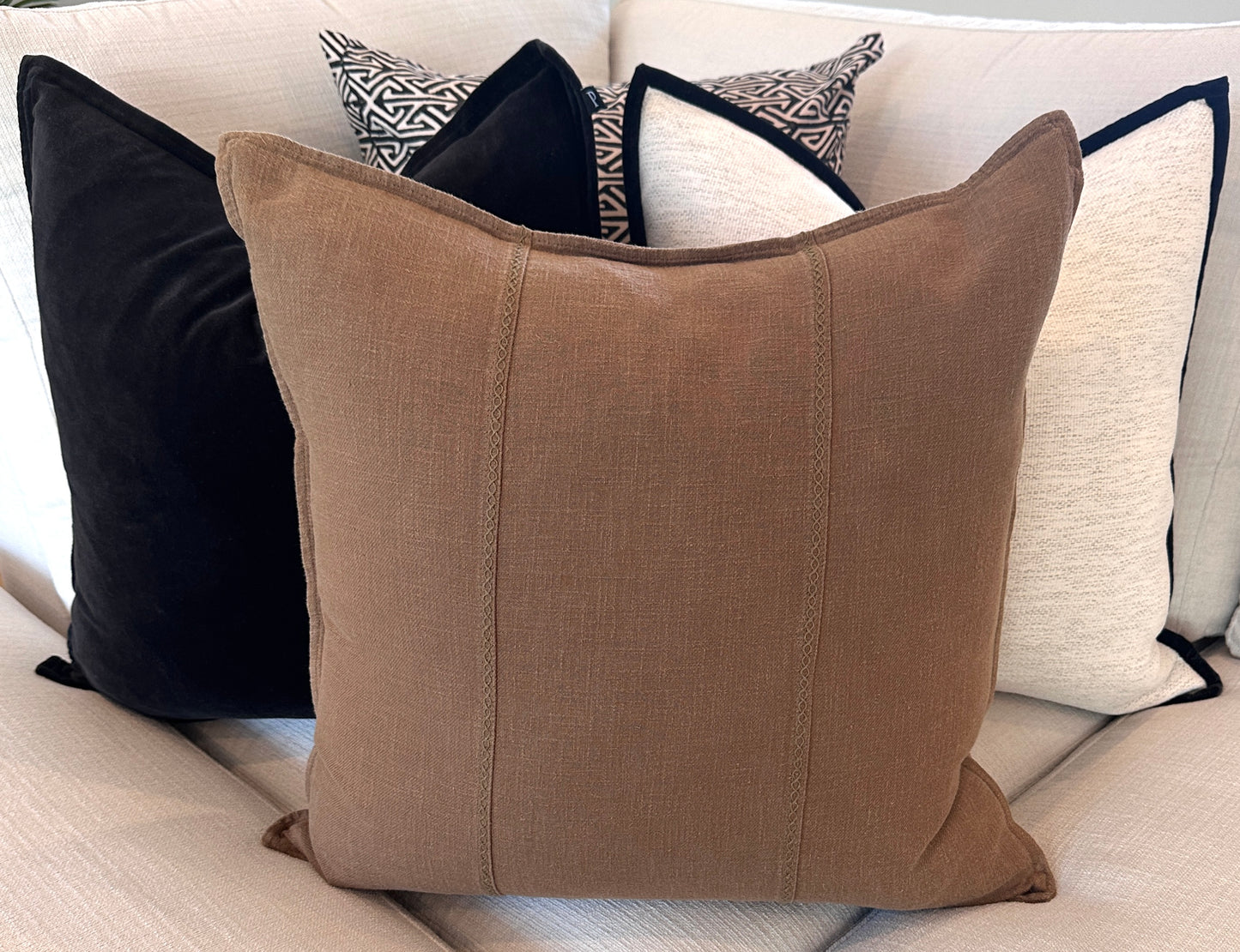 Eveleigh  Stonewashed Linen Cotton Cushion 55cm Square - Stone Embroidery Double Striped