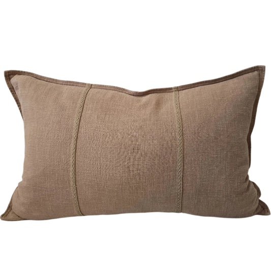 Eveleigh Stonewashed Linen Cotton Cushion 40x60cm Lumbar - Stone | Embroidery Double Striped