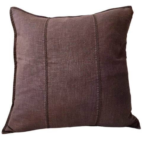 Eveleigh Stonewashed Linen Cotton Cushion 55cm Square - Chocolate Brown Embroidery Double Striped