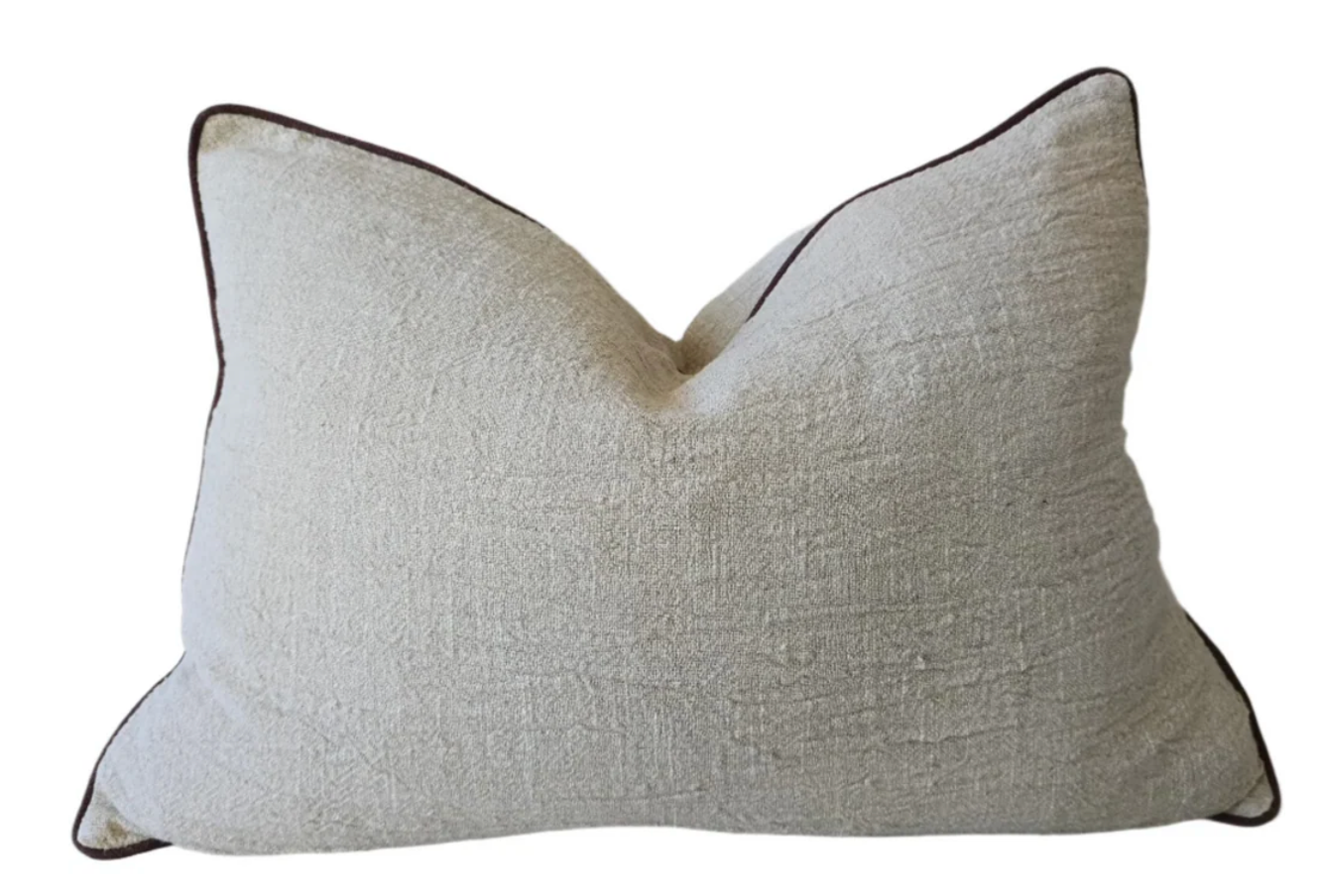 Reine Heavyweight Linen Cushion 40x60cm Lumbar - Natural | Chocolate Brown Border
