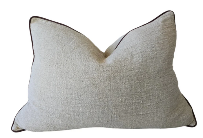 Reine Heavyweight Linen Cushion 40x60cm Lumbar - Natural | Chocolate Brown Border