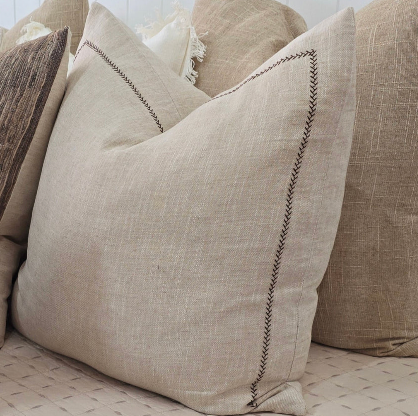 Delilah Herringbone Embroidery Linen Cotton Cushion 55cm