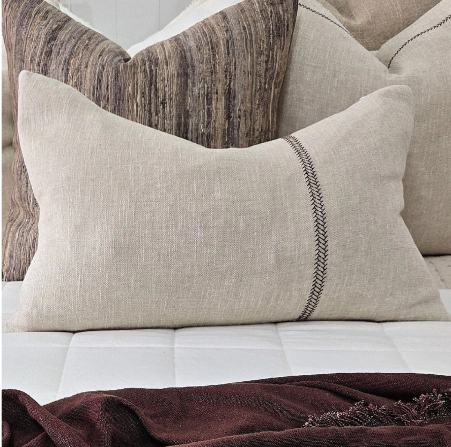 Delilah Herringbone Embroidery Linen Cotton Cushion Lumbar - Natural | Brown Embroidery